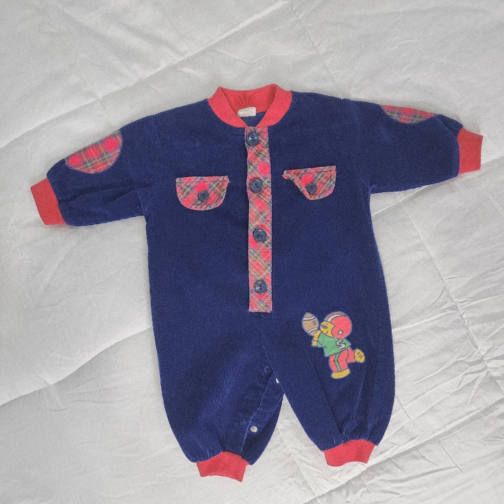 Vintage Corduroy Baby Romper 3-6 Months Football Bear Plaid Trim Outfit